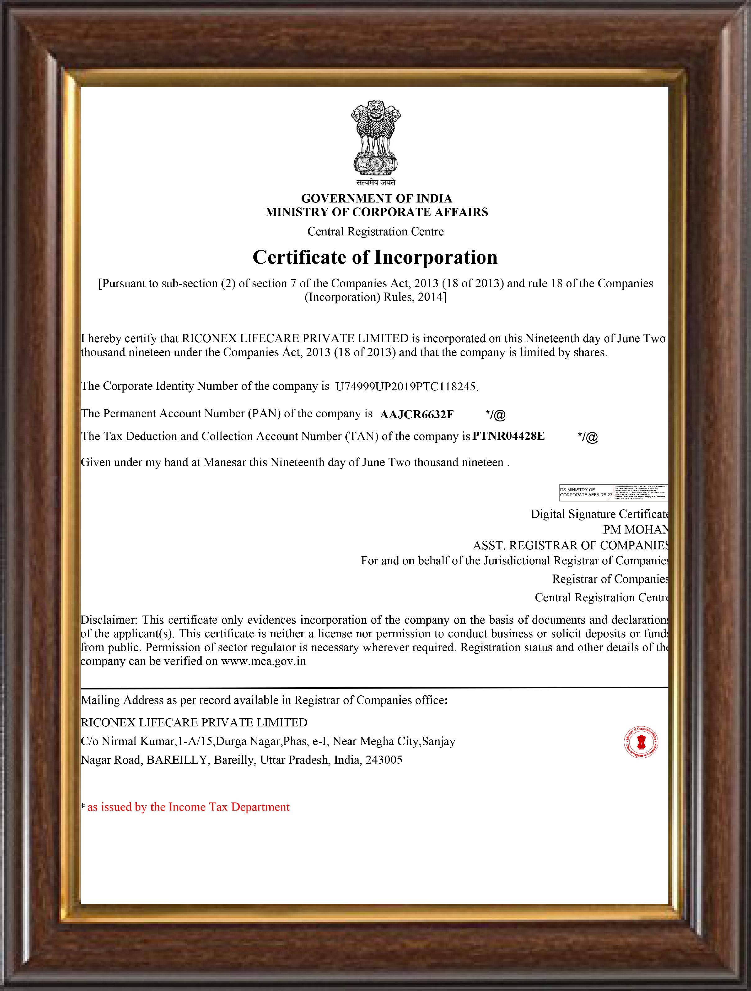 INCORPORATION CERTIFICATE